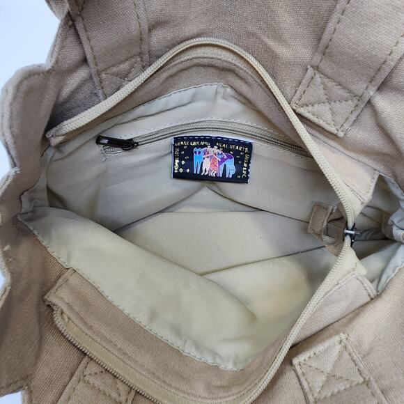 Laurel Burch 3 Cats Brown Green Small Canvas Tote Bag Purse Folk Art Feline - Picture 6 of 7